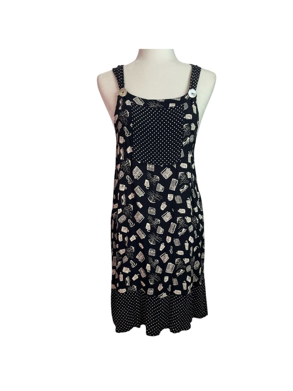 Vintage Black & White Patterned Dress Summer Beach Theme Rayon M